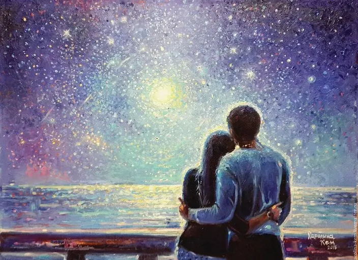 a painting of a couple looking at the stars