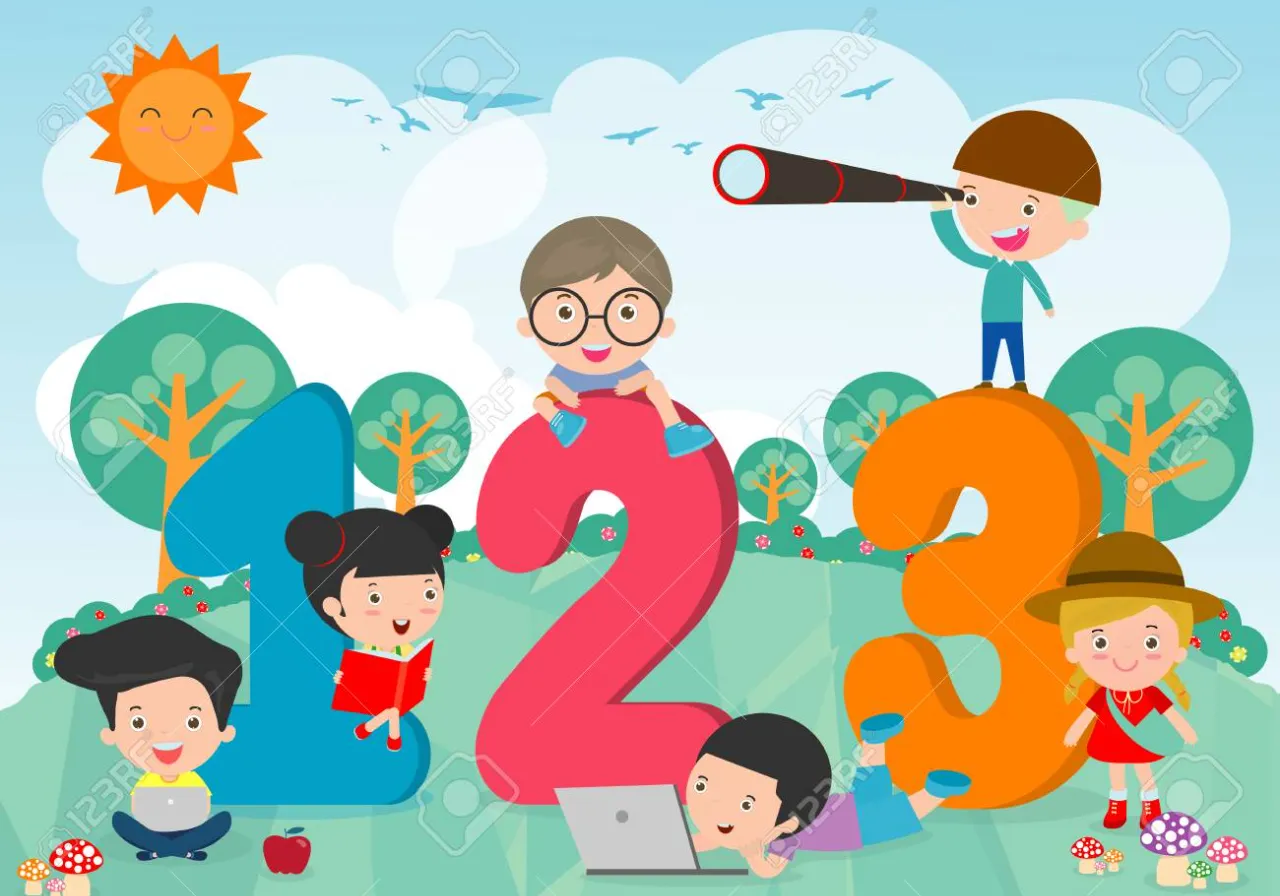 a group of children with numbers and a telescope