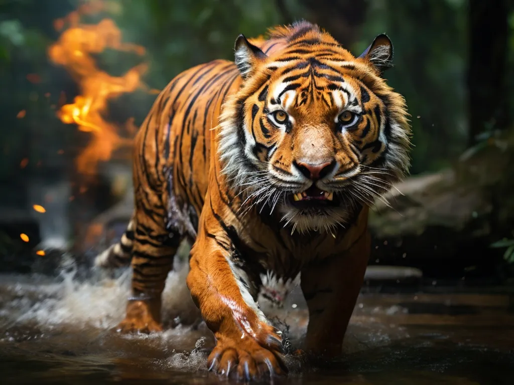 a tiger is walking through a body of water