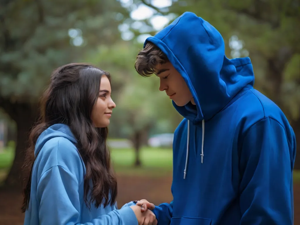 A boy and a girl hugging in a snowy park