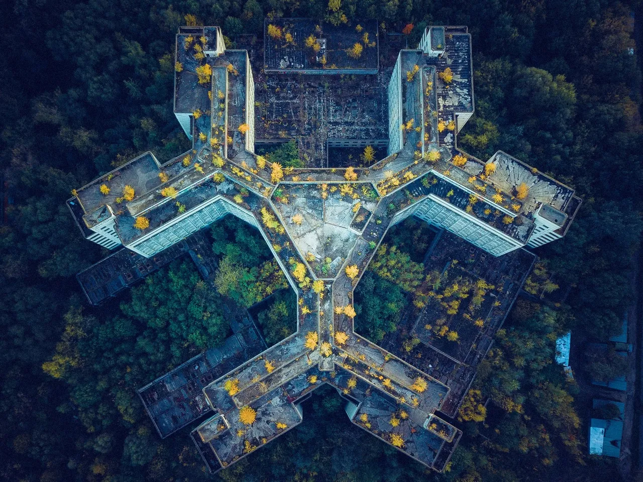 an aerial view of a building surrounded by trees