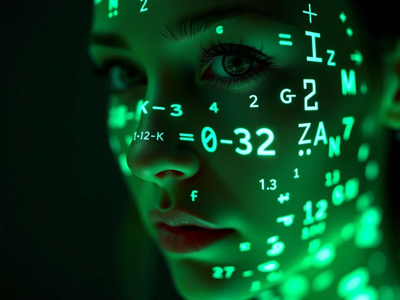 a woman's face with numbers projected on it,Close-up of woman's face, glowing green holographic equations projected onto skin. Intense gaze, realistic features. Dark background, cyberpunk aesthetic. Luminous mathematical formulas, handwritten style. Futuristic, high-tech atmosphere. Photorealistic rendering, dramatic lighting, sharp contrast,extremely beautiful, highly detailed, dark background, young lady 19 years old, long blue hair, freckles, blue eyes, black silk robe, racks, paper, makeup, named Alexis, smiling, easygoing, affectionate, enthusiastic, holding a box, light shines out of the box, light particles, depth of field, Highly Detailed, intricately detailed gothic art trending translucent, illumination, surrealistic, abstract, dark night.