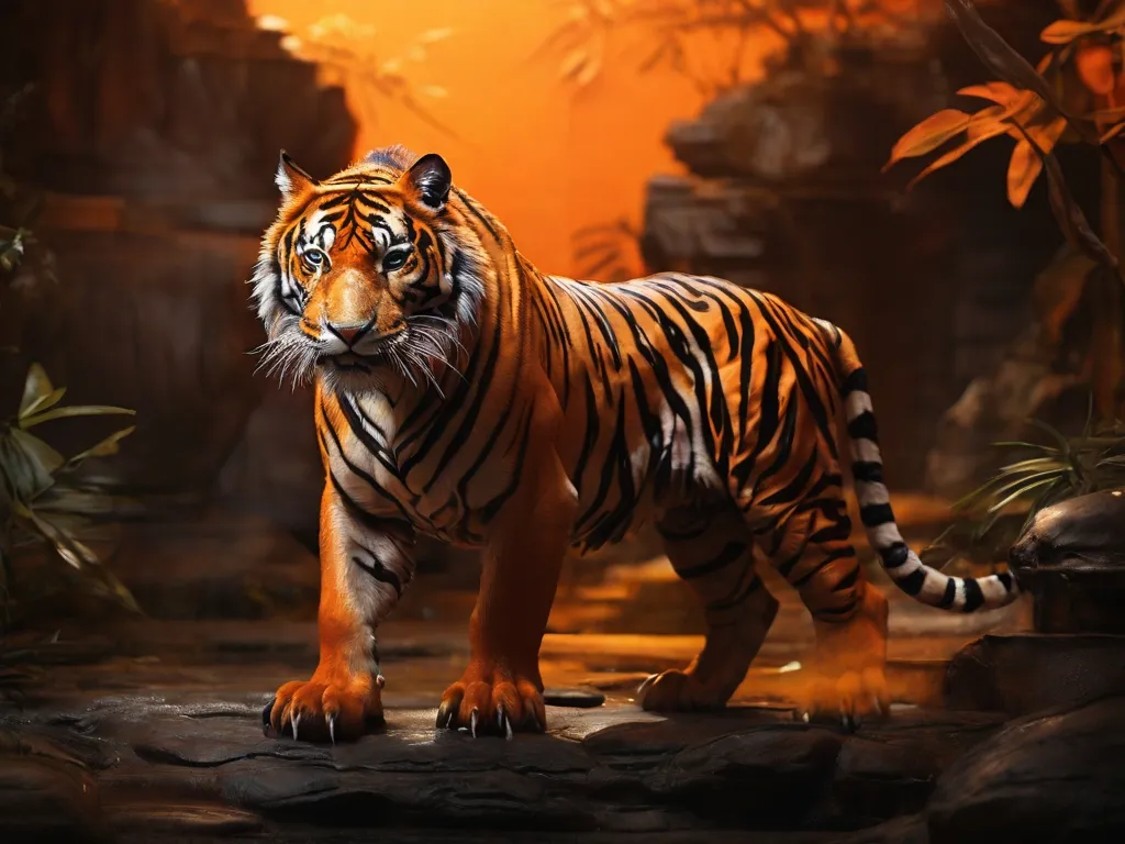 a tiger standing on a rock in a jungle