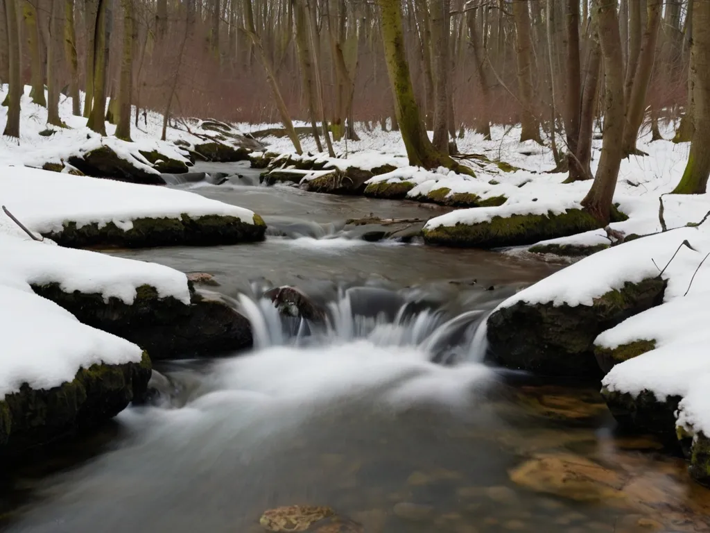 a stream running through a snow covered forest