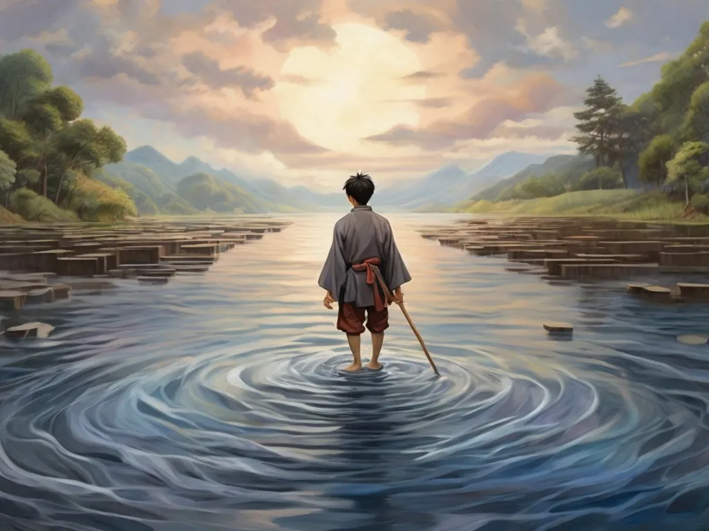 a painting of a man standing in a river, sunset ,