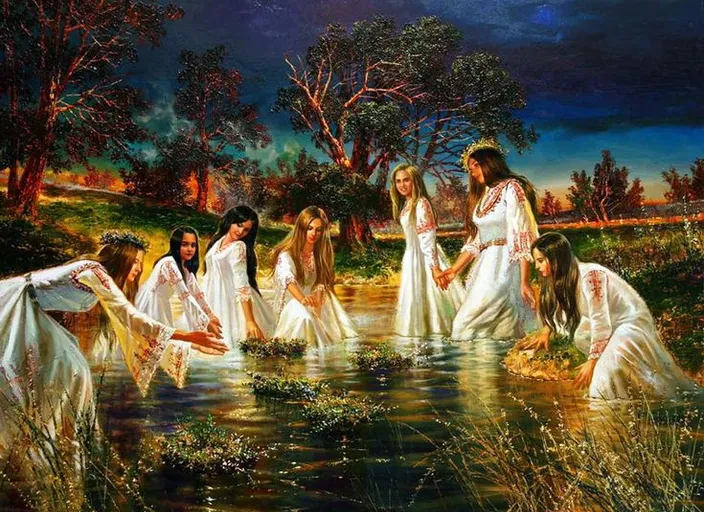 a painting of a group of women in white dresses