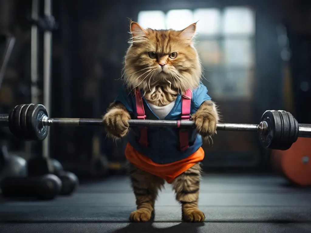 a cat is holding a barbell in a gym