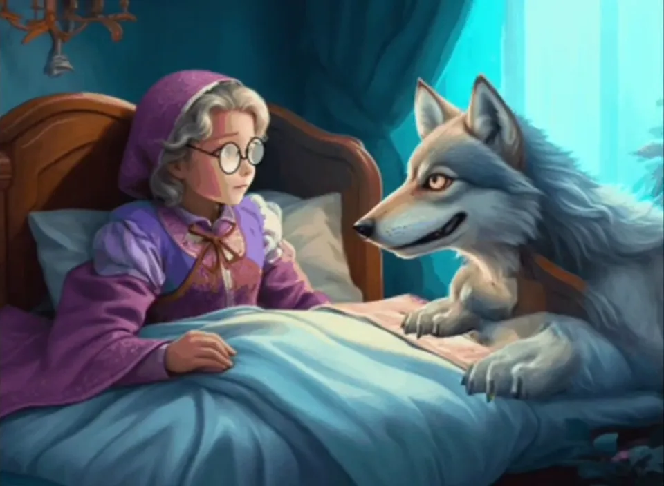 a painting of a woman laying in bed next to a wolf