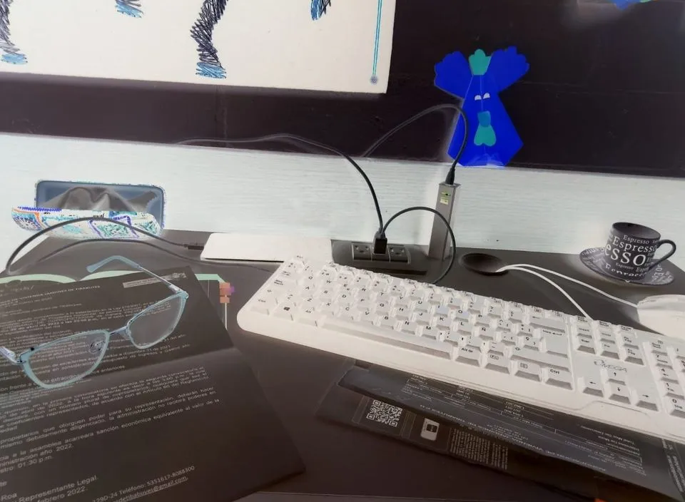 a computer desk with a keyboard, mouse and glasses