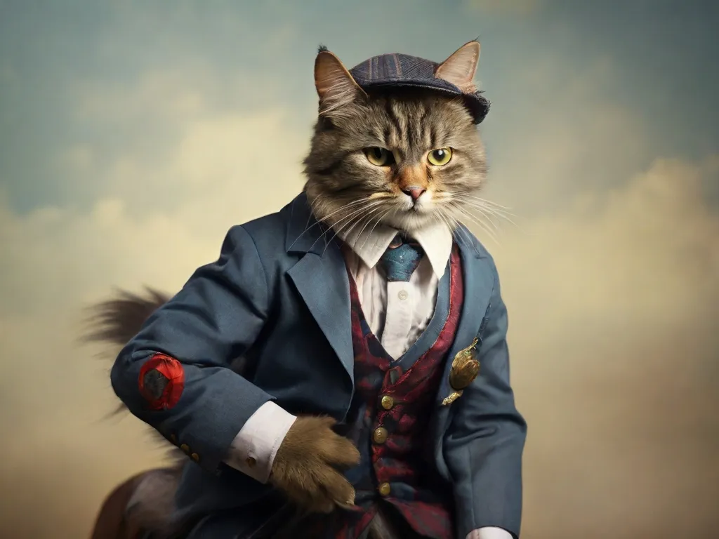 a cat dressed up like a gentleman riding a horse