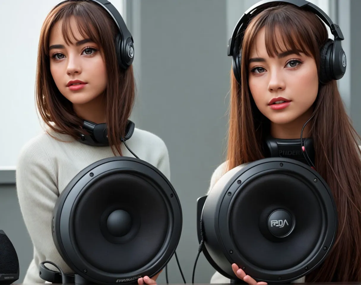 a woman wearing headphones and holding a pair of speakers loud music