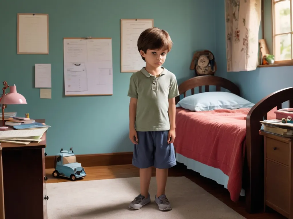 a young boy standing in a bedroom next to a bed