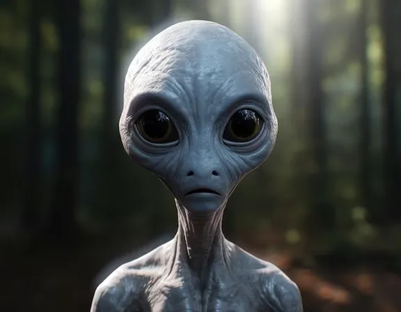 a close up of an alien with HIS EYES BLINKING AND MOUTH MOVING WITH  a forest in the background