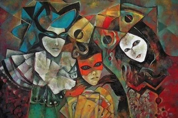 a painting of a group of people wearing masks