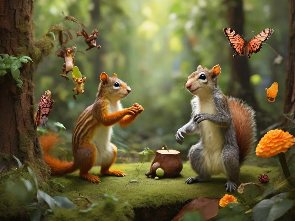 a couple of squirrels standing next to each other in a forest