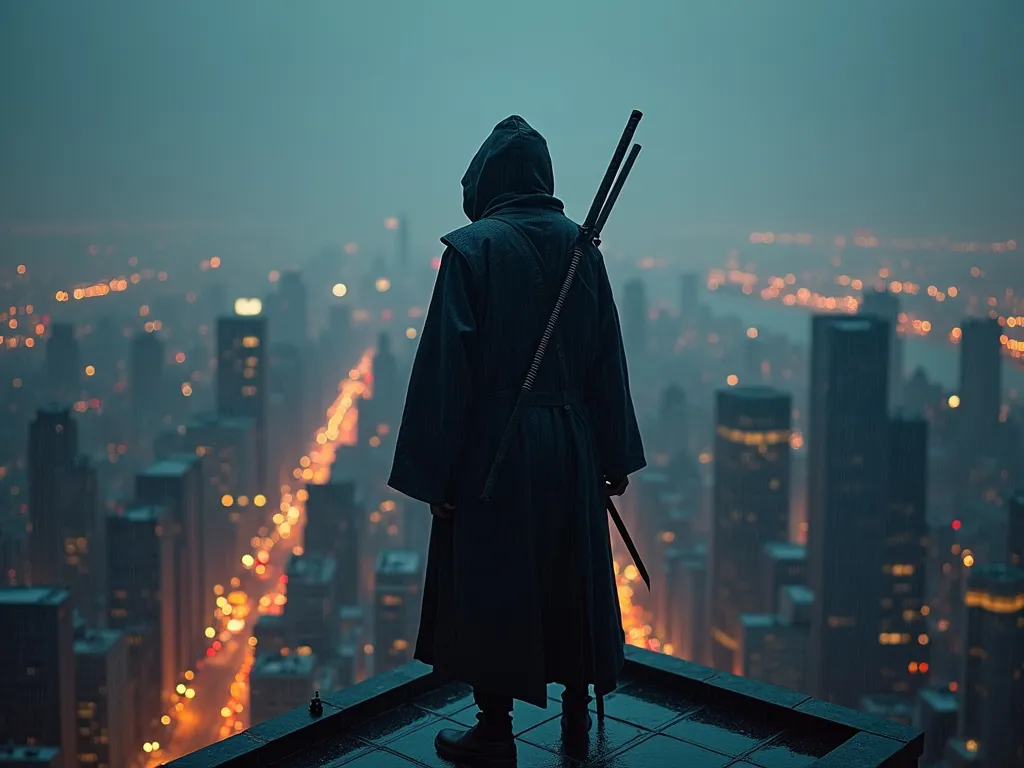 a ninja standing on top of a building looking at a city, birds flying in the sky, car lights movement