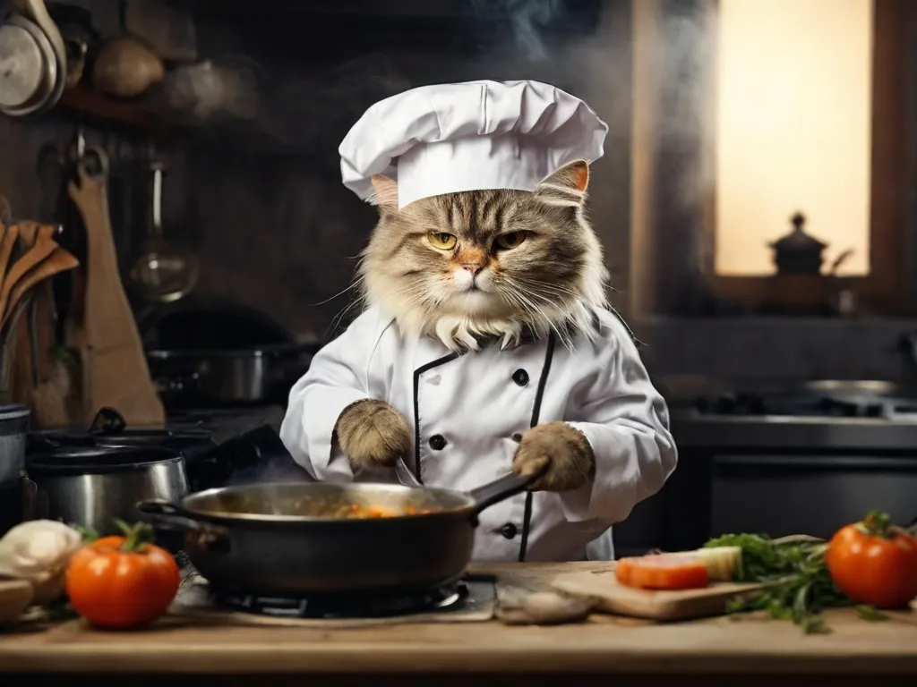 a cat wearing a chef's hat is cooking in a kitchen