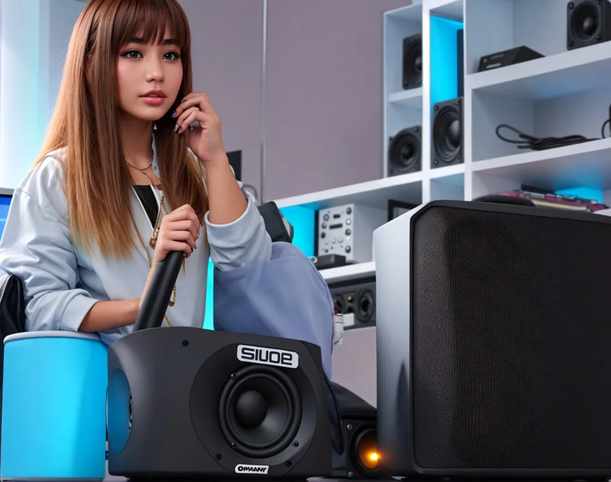 a woman sitting in front of a computer with a microphone