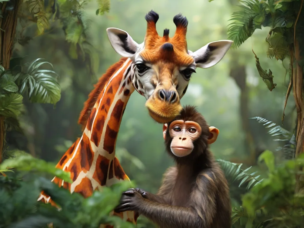 a monkey and a giraffe in the jungle