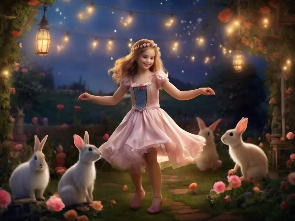 a little girl in a pink dress surrounded by rabbits