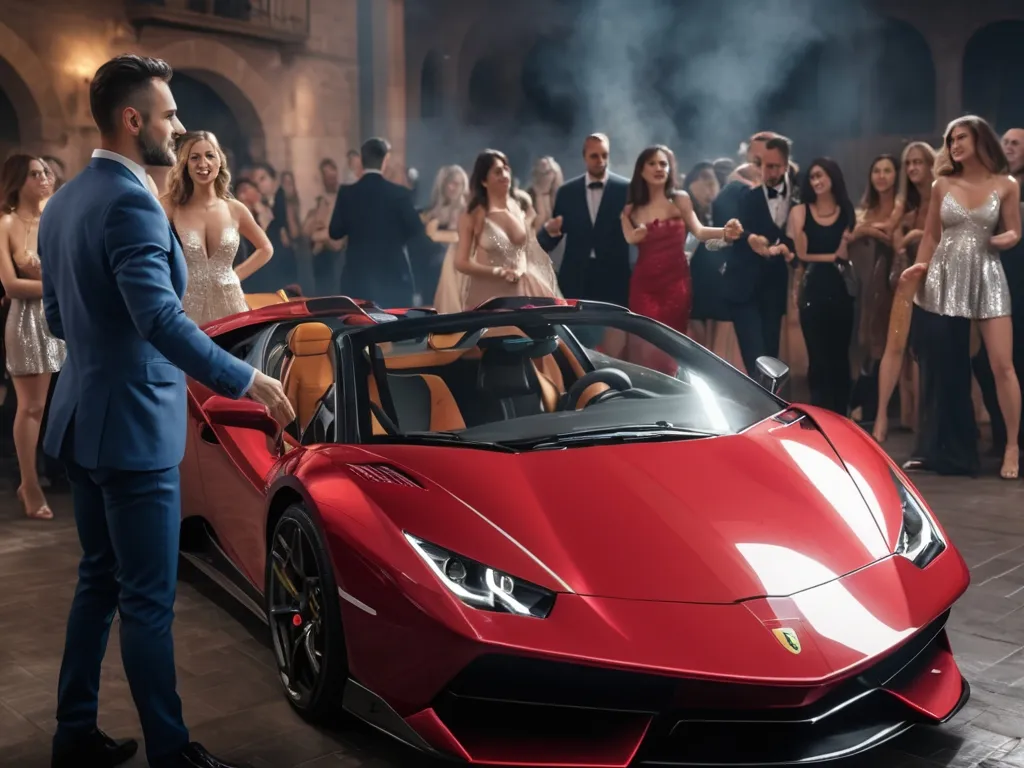 a man in a suit standing next to a red sports car