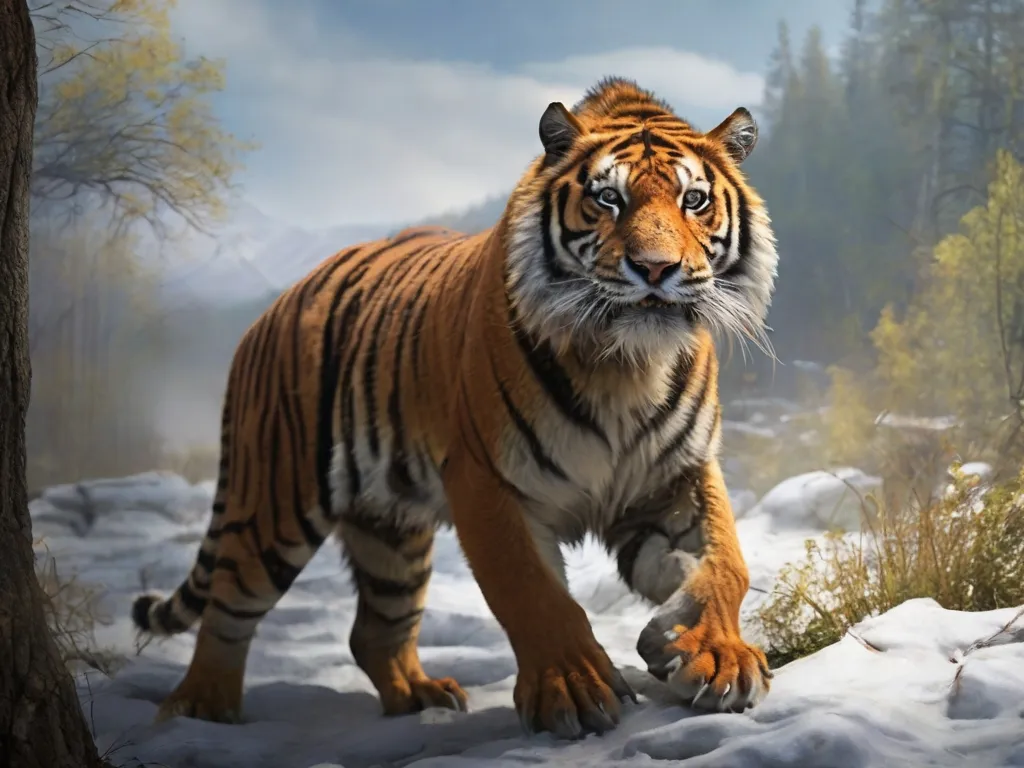 a large tiger walking across a snow covered forest