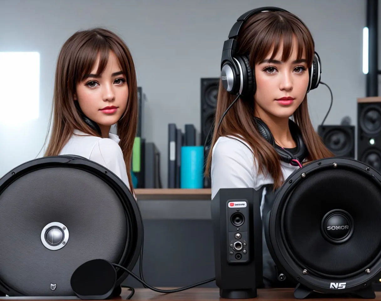 two girls with headphones are sitting behind speakers tweeters