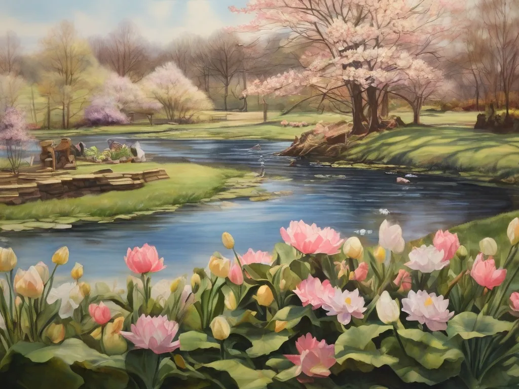 a painting of a pond with flowers and people in the background