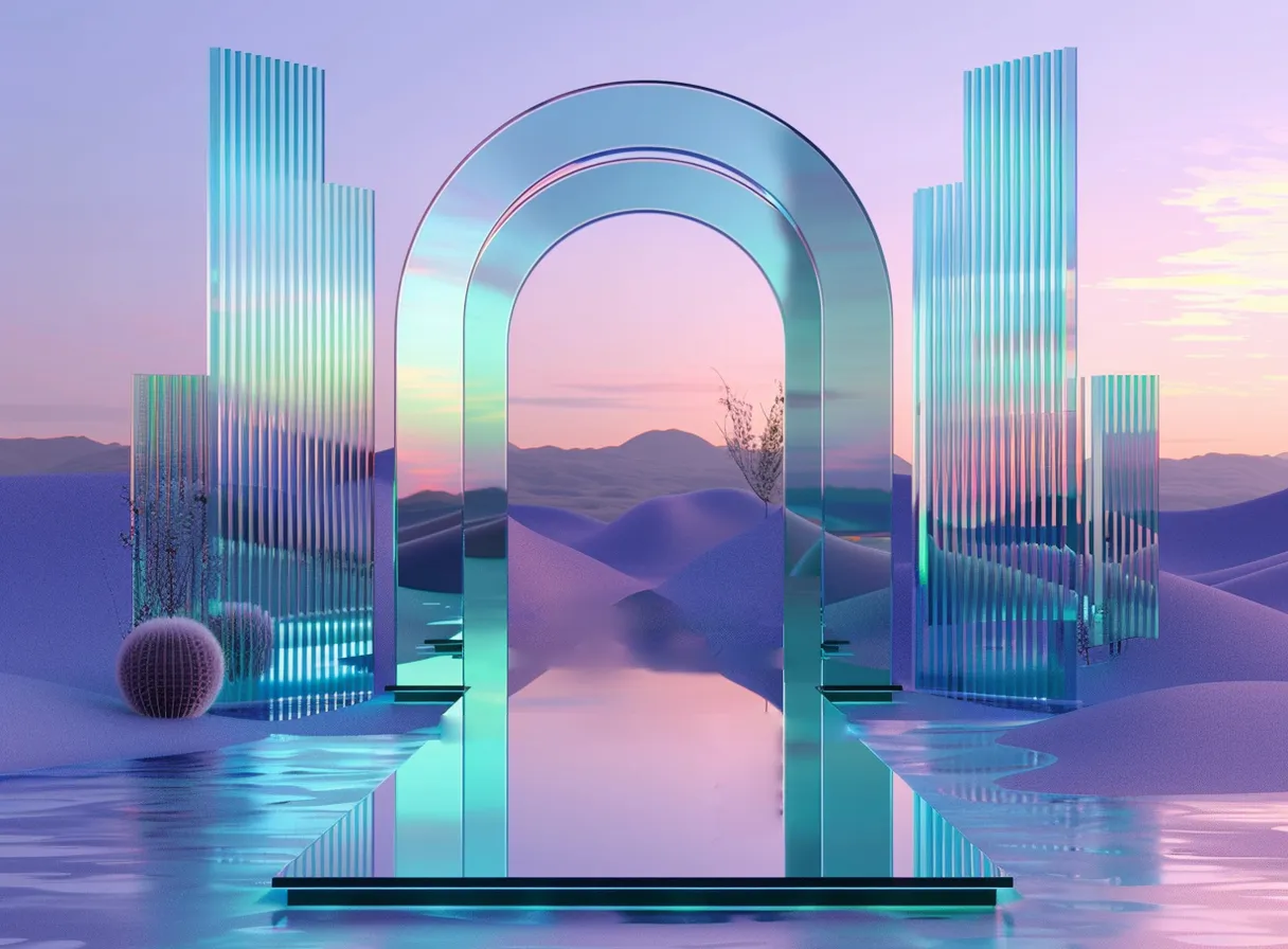 a digital painting of an arch in the middle of a body of water, a futuristic landscape, neon light, wavy light effect, bling, spark green light, chromatic glass