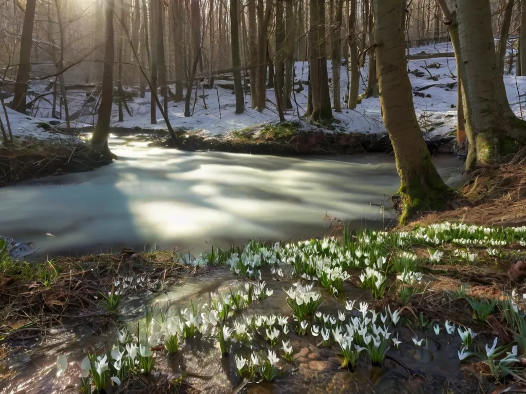 a stream running through a forest filled with snowdrops