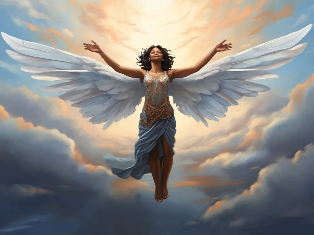 a painting of a woman with wings in the sky