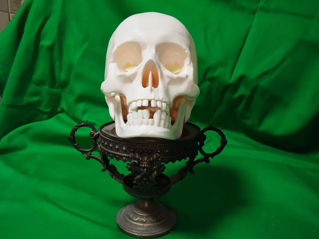 a fake skull sitting on top of a vase