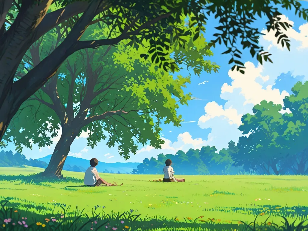 a couple of people sitting on top of a lush green field