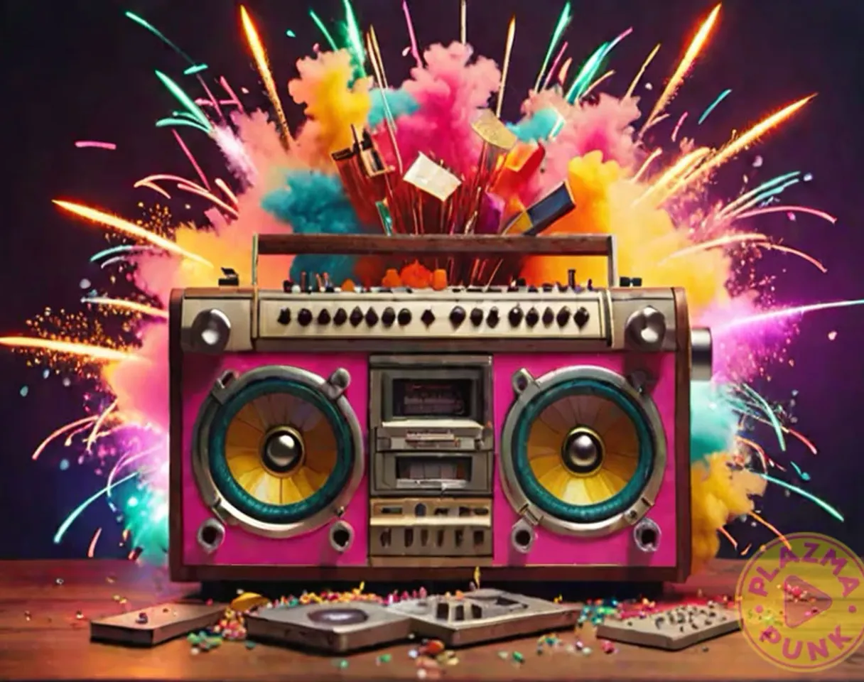 a boombox with fireworks in the background