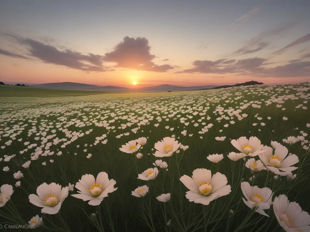 a field full of white flowers with the sun setting in the background