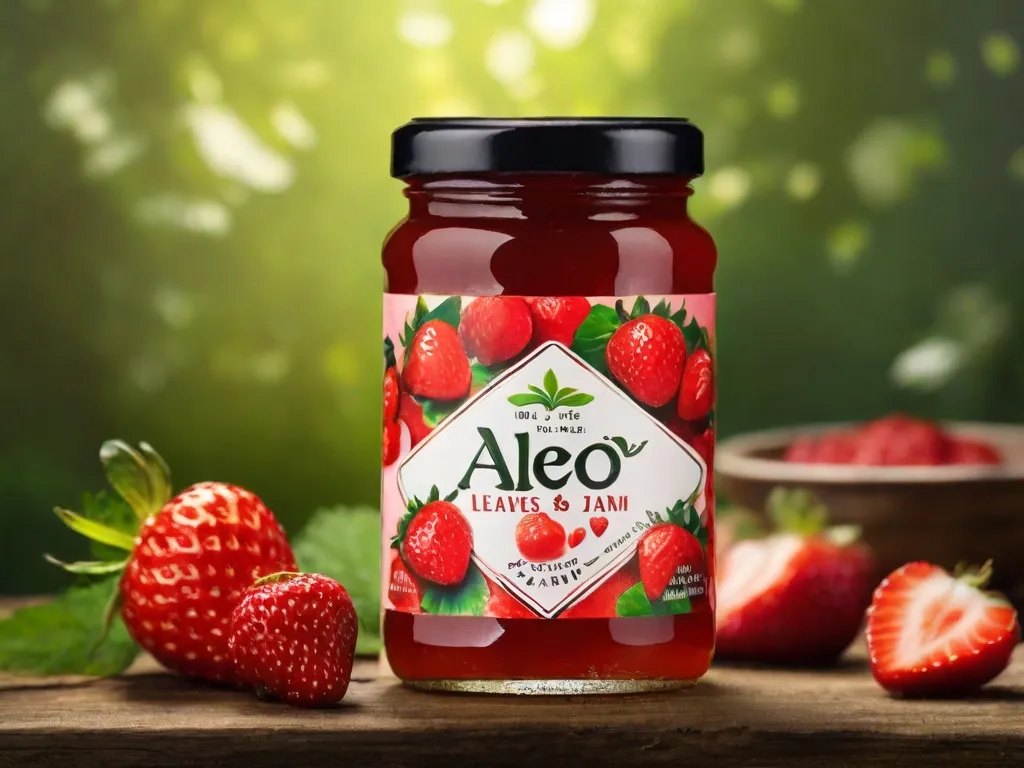 a jar of aleo strawberry jam next to a bowl of strawberries