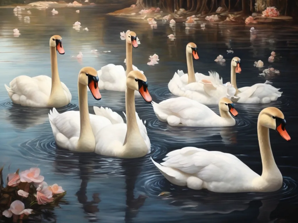 a painting of a group of swans swimming in a pond