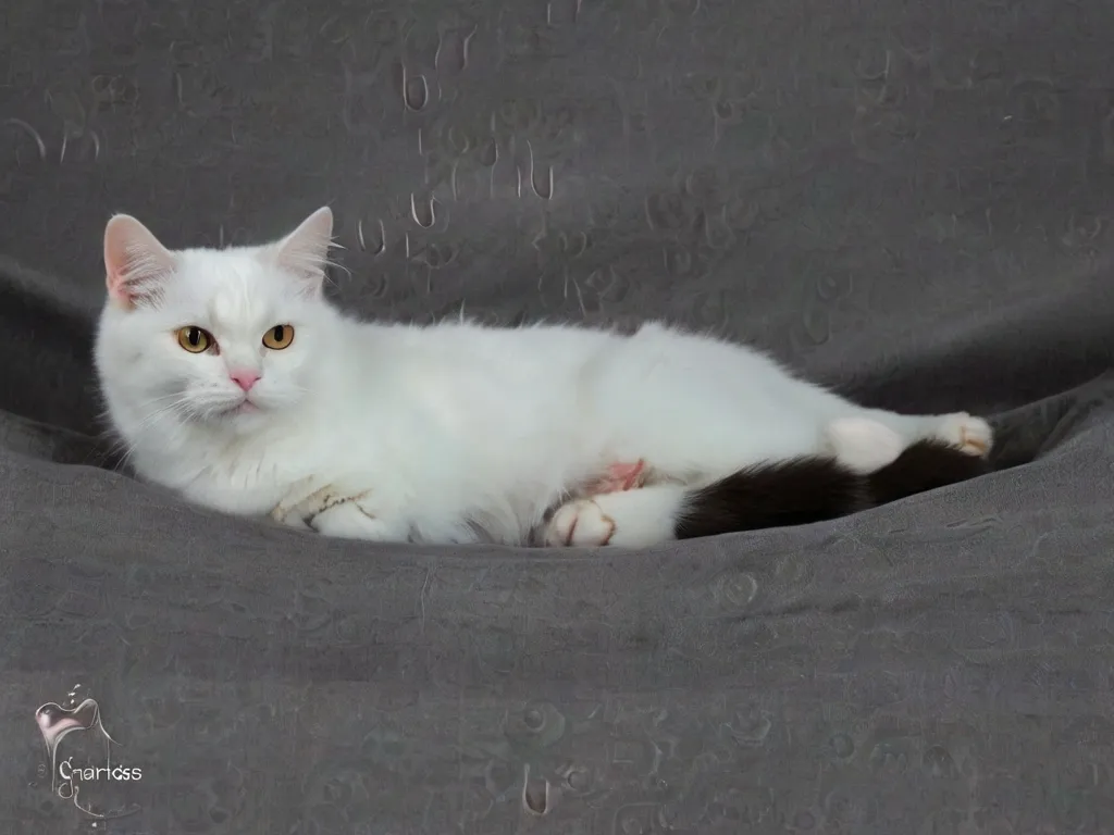 A white cat without black spots on the sofa yawns. the sofa is motionless. movement of only the cat's head