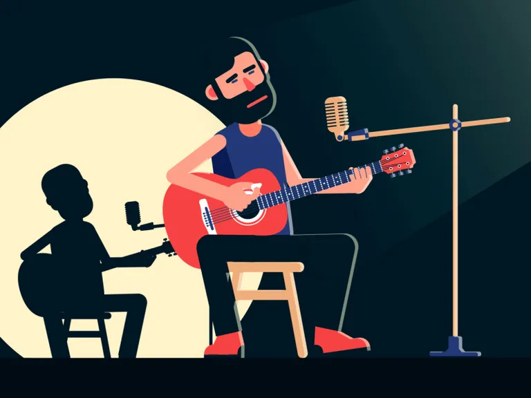 a man playing a guitar in front of a microphone Maintain properties and proportion, in 3d digital Pixar style volume subtle movements 