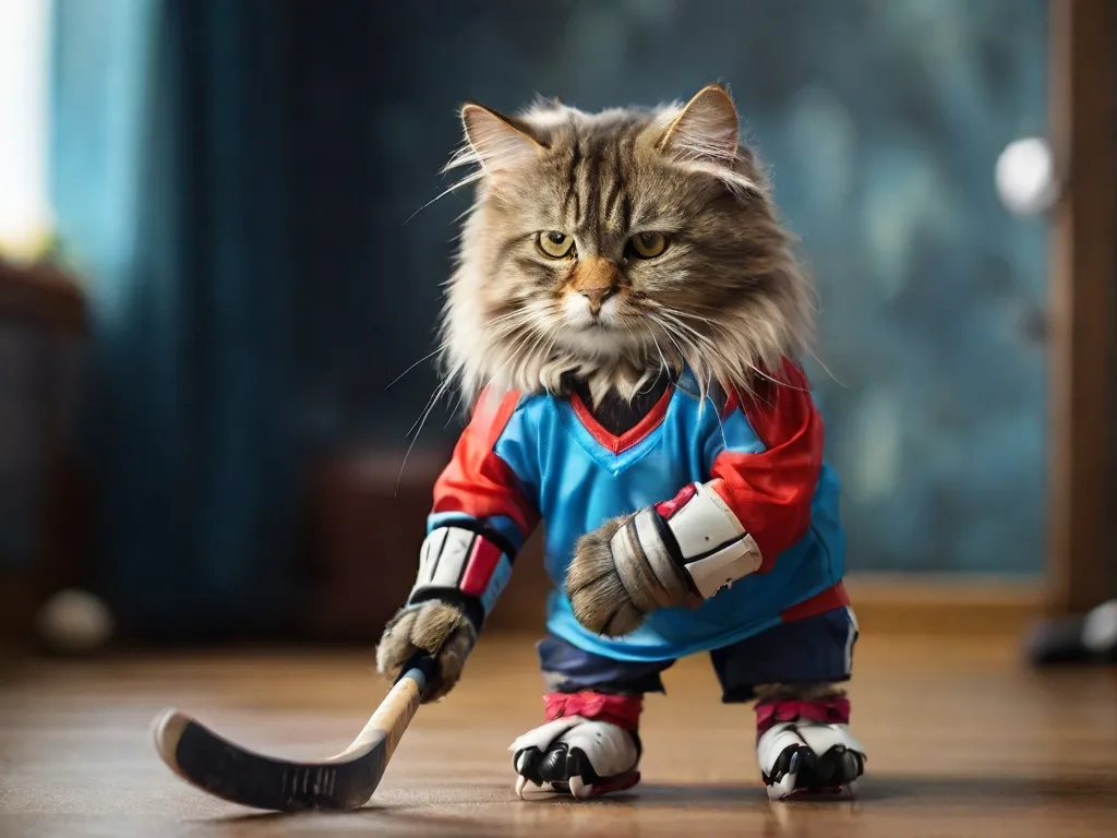 a cat wearing a hockey uniform and holding a hockey stick