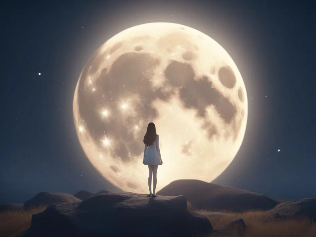 a girl standing on a hill looking at the moon