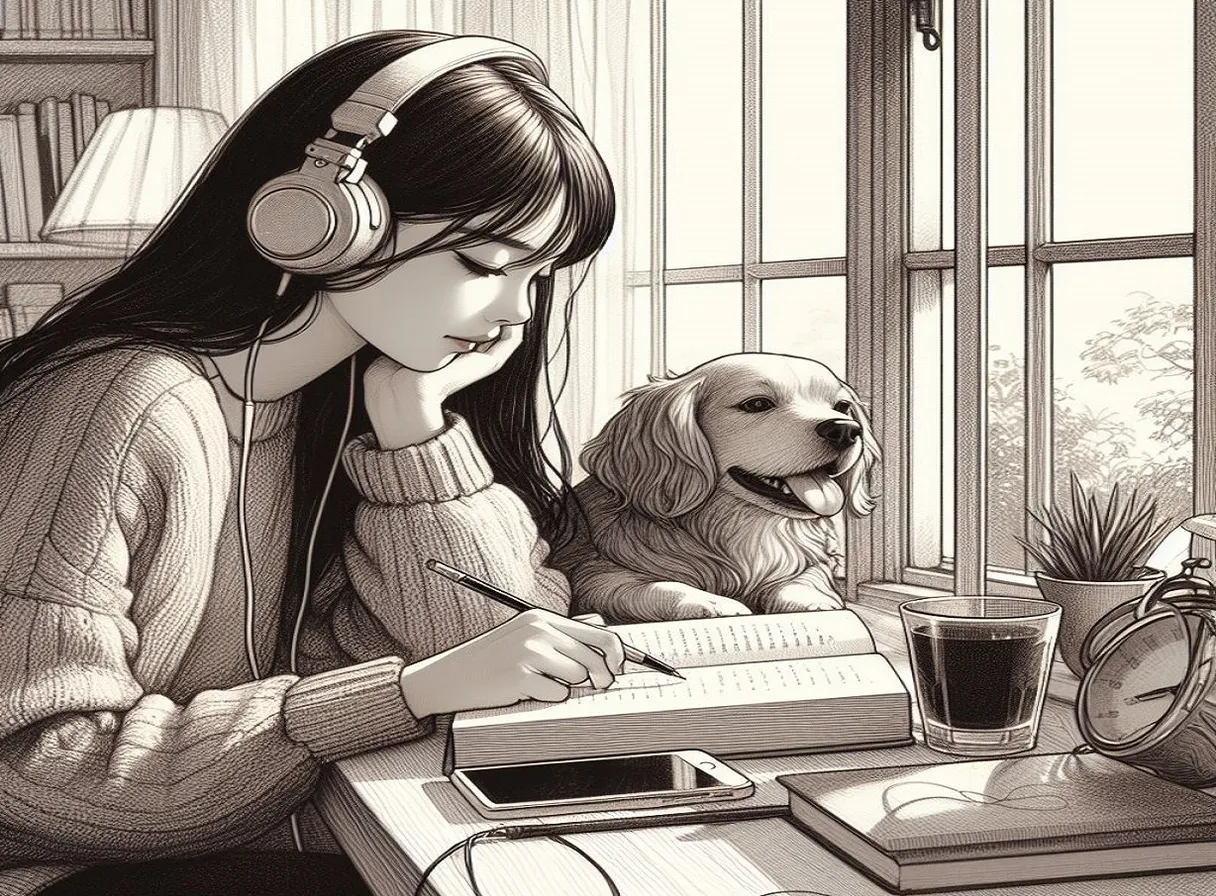 a woman sitting at a desk with a dog on her lap