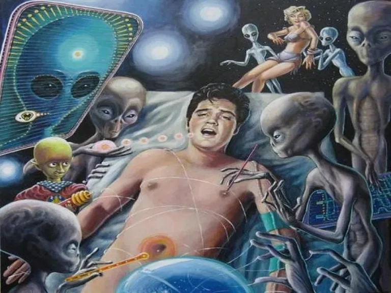 a painting of a man surrounded by aliens