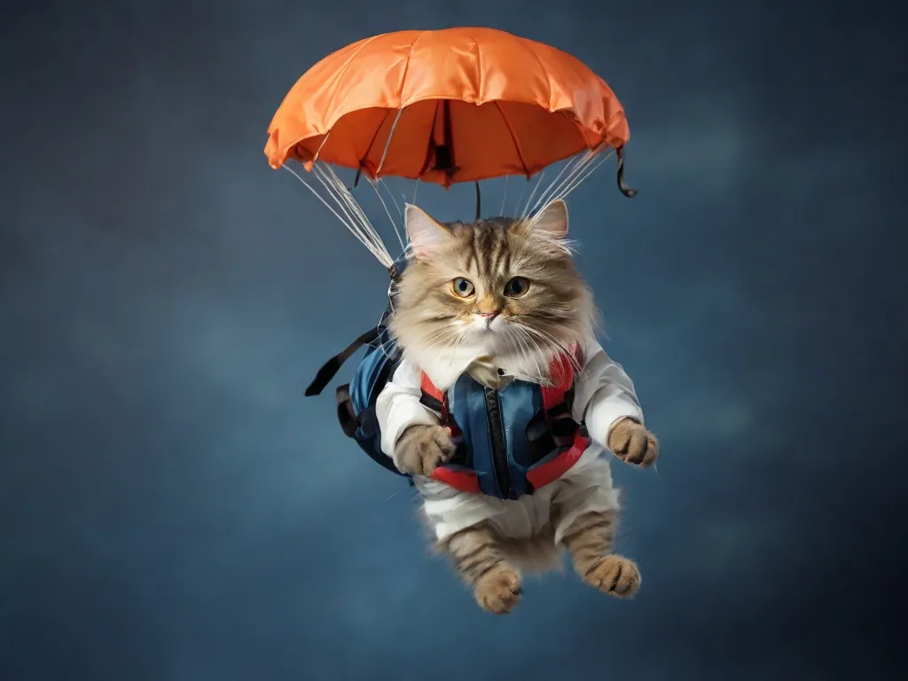 a cat flying through the air with a parachute