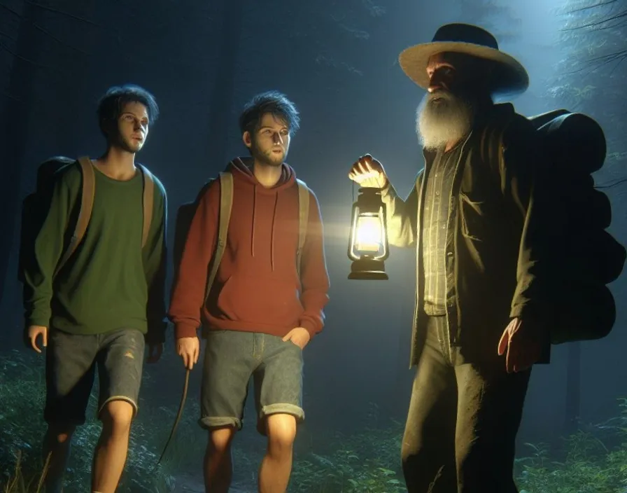 three men standing in the woods holding a lantern