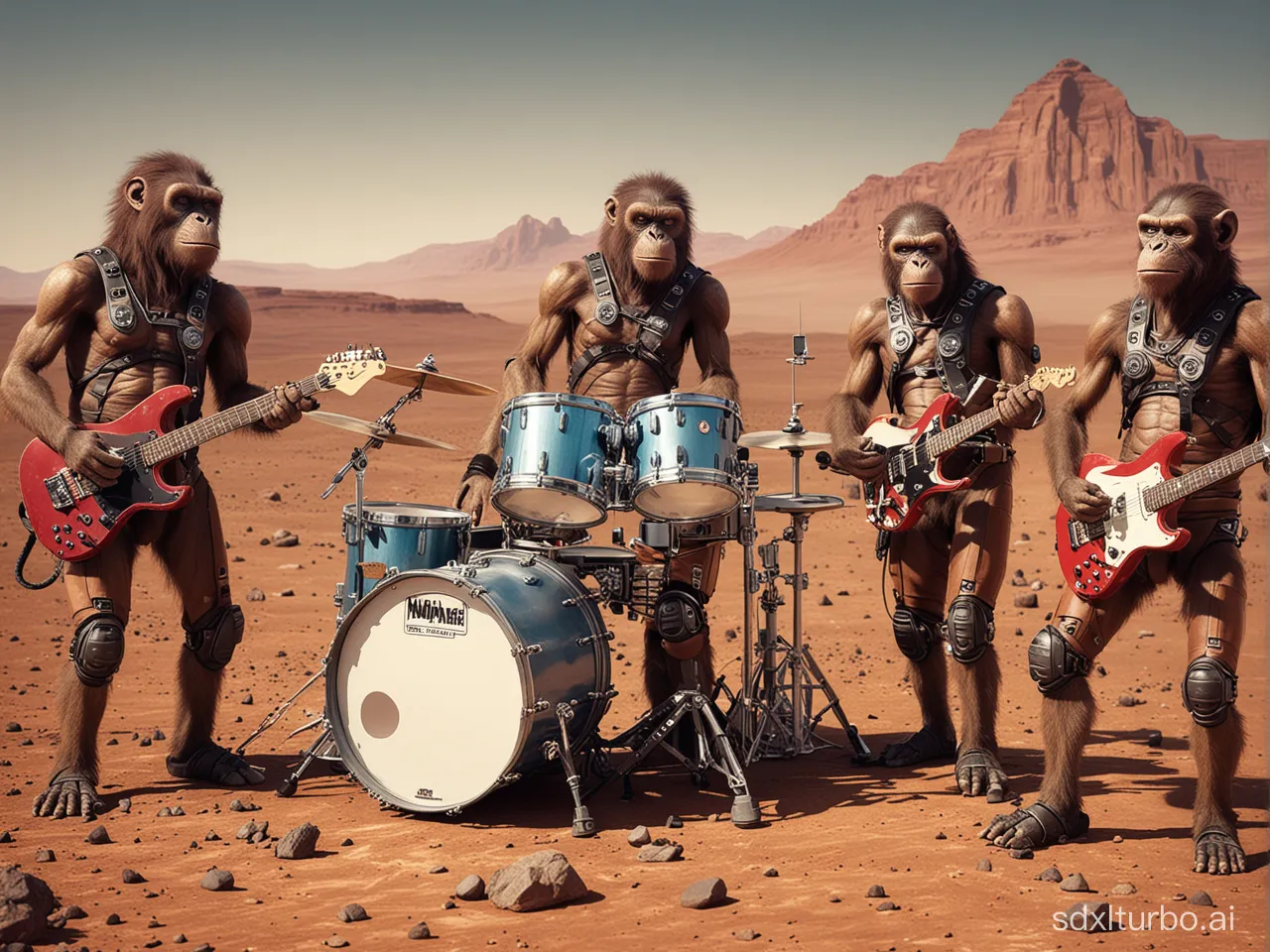 a group of monkeys playing instruments in the desert