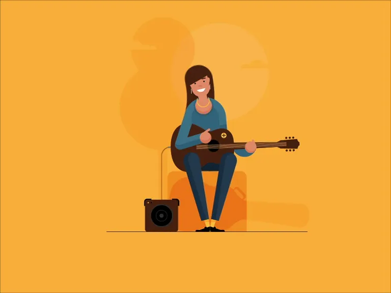 a woman sitting on a chair playing a guitar Maintain proportion and properties in 3d volume Pixar style 