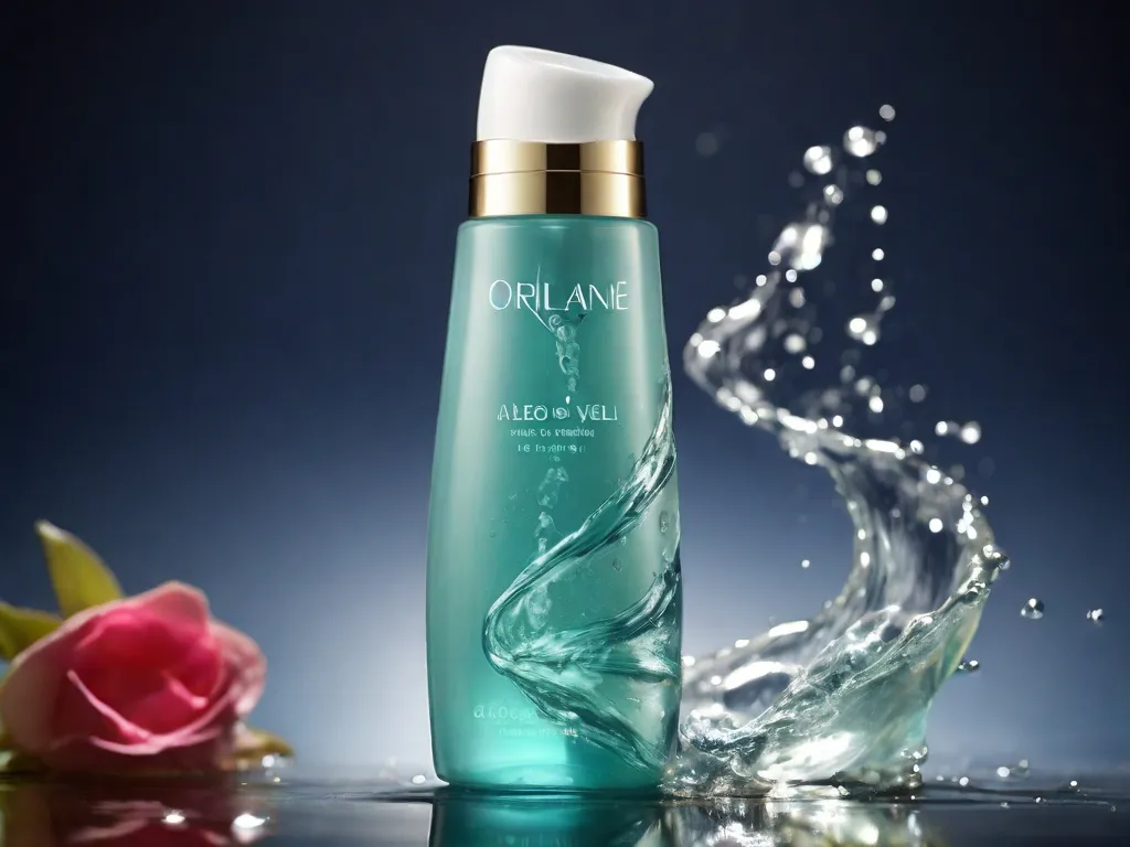 a bottle of water next to a rose word oriflame on it