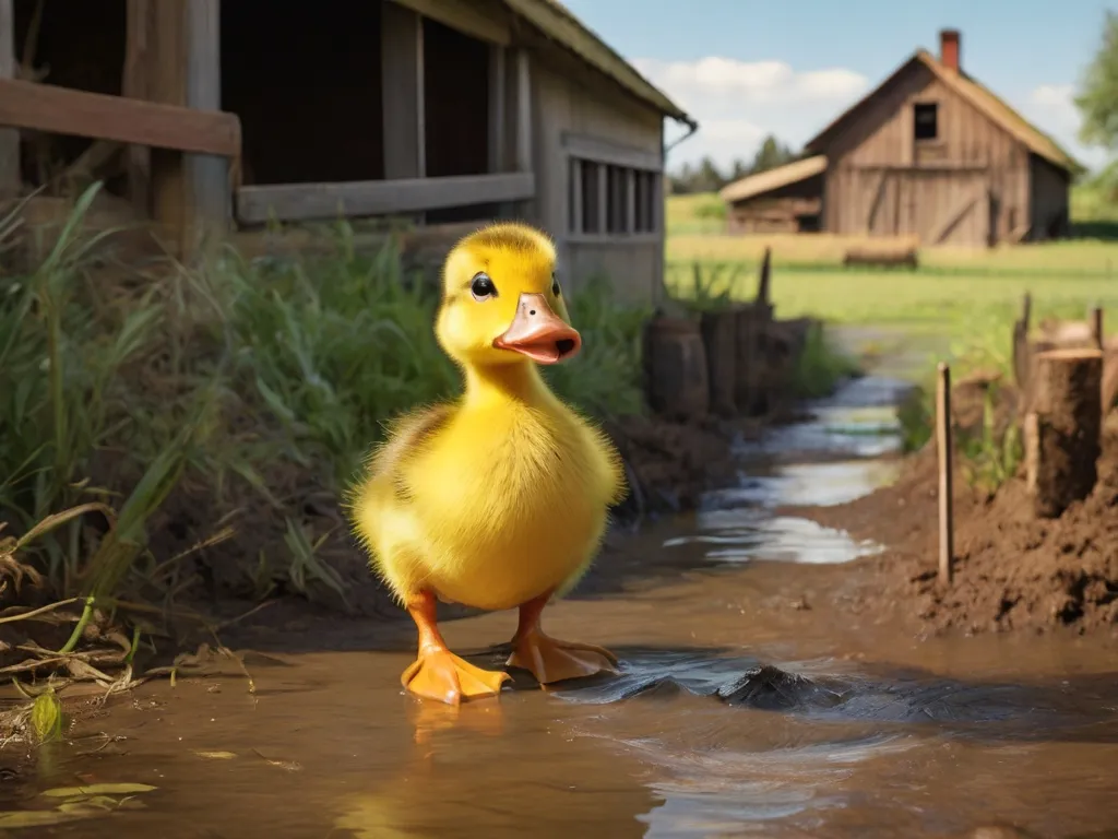 a yellow duck standing in a puddle of water