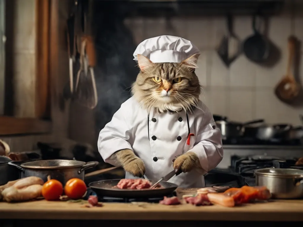 a cat wearing a chef's hat and cooking in a kitchen